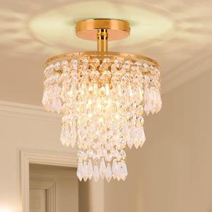 FRIXCHUR Mini Size Crystal Chandelier Modern Flush Mount Ceiling Light 3 Tiers Raindrops Crystal Pendant Lighting Fixture Decoration for Bedroom Hallway Living Room,E26 Base,Gold