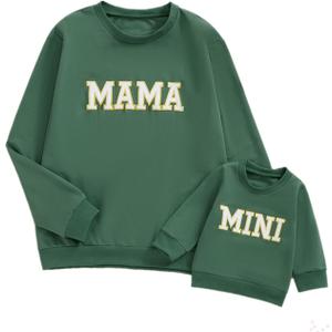 Covvoliy Mommy and Me Letter Print Matching Family Outfits Long Sleeve Crewneck Casual Sweatshirt T-Shirt (Women, M, Mini Green)