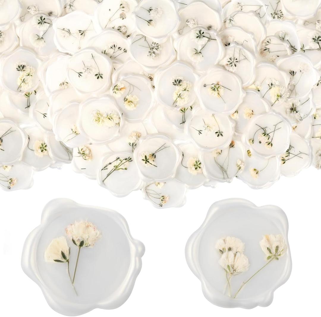 Qilery 100 Pcs Wax Seal Stickers Babys Breath Dried Floral Envelopes Seals Stickers Bulk for Wedding Invitation Bridal Shower Birthday Party Letter Greeting Cards Gift Wrapping, Self Adhesive (White)