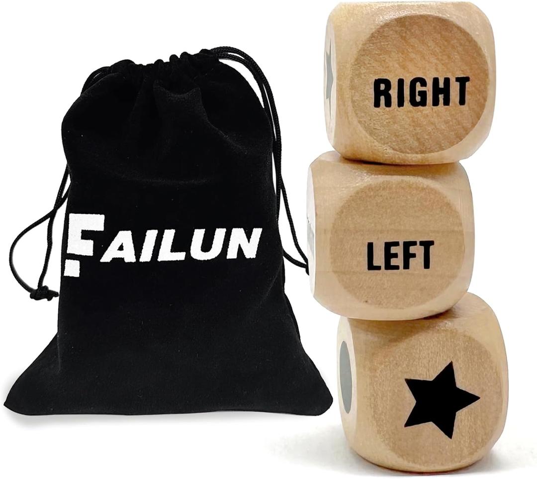 Left Right Center Game Dice 1 Inch Wooden Dice with Drawstring Bag, Easy to Store and Carry Around, Convenient for Travel (3 pcs)
