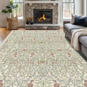 Vintage Light Green Living Room Rug, 8x10 Washable Area Rugs for Dining Room Under Table, Soft Low Pile Large Carpet Bedroom, Non-Slip Boho Floral (8 x 10 Light Green)