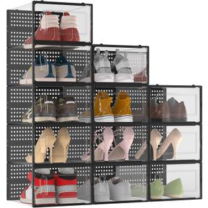 12 Pack XXX-Large Modular Clear Plastic Stackable Shoe Storage Organizer for Closet, Space Saving Versatile Sneaker Shoe Rack Containers Bins Holders, Portable Closet Organizers and Storage, Black