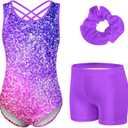 Idgreatim 5-10 Years Gymnastics Leotards for Girls Shiny tumbling outfits with Shorts Unitards Biketards (7-8 Years, Sunset Purple)