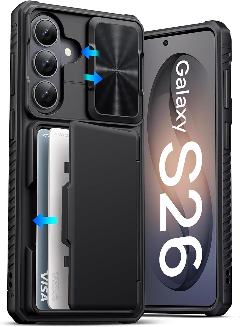ATATOO for Samsung Galaxy S26 Case Wallet, Built-in Card Holder (3-5 Cards) [RFID Blocking] & Slide Camera Cover, Military Grade Protection, Rugged Protective Phone Cover Case for Galaxy S26, Black