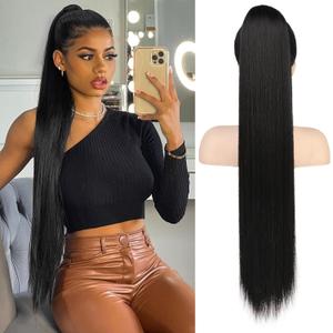 FLUFYMOOZ ponytail extension, 30 Inch Long Straight Drawstring Ponytail Hairpieces Fake Pony Tails Natural Soft Clip in Hair Extension ponytail for Women (Jet Black)