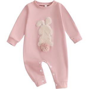 Easter Baby Boy Girl Outfit Embroidery Bunny Rompers Bunny Tail Jumpsuit Unisex Newborn Infant Easter Clothes (Pink)