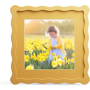 8x8 Picture Frame with Mat for 6x6, Wavy Edge Wooden Real Glass Photo Frame for Tabletop and Wall Hanging, Yellow, 1 Pack