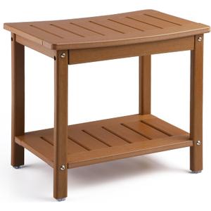 HDPE Shower Bench, 2-Tier Spa Stool with Storage Shelf, Non-Slip & Water Resistant Shower Seat (Teak L Size)