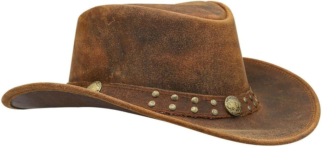 SideWinder Australian Cowboy Leather hat Unisex Adult for Men and Women Shapeable Outback Western Style Wide Brim (Small, Brown)