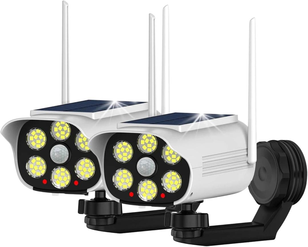 Solar Lights Motion Sensor Fake Security Camera 2 Pack, USB & Solar Powered