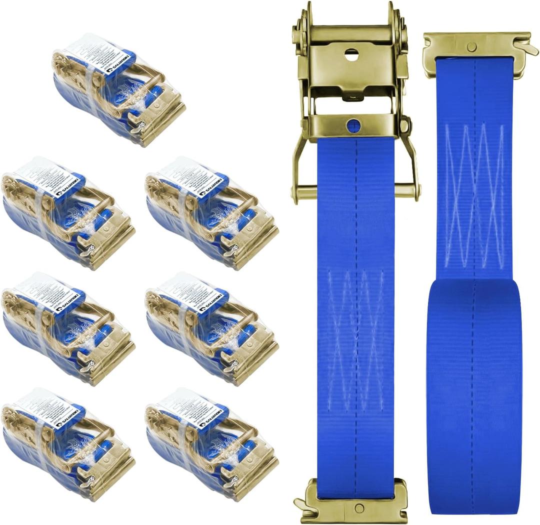 8Pack E-Track Straps Ratchet Etrack Strap Box Truck Strap Tie Down Heavy Duty 2" x15' 4400lbs Breaking Load, 2200 Working Load E-Track Accessories Blue