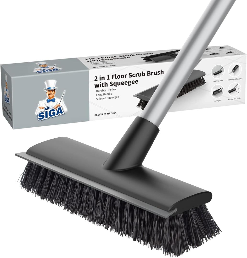 MR.SIGA Floor Scrub Brush with Long Handle, 2 in 1 Scrubber and Squeegee for Cleaning Bathroom, Patio, Garage, Wall, Tile with Stiff Bristles
