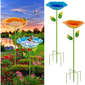 2 Pack Bird Baths for Outdoors, Colorful Metal Bird Bath for Outside, Hummingbird Bath with Five Stakes, Garden Flower Small Birdbath for Garden Decor, 31.3" H x 10.63" Dia (Blue,Yellow)