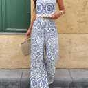 WDIRARA Women's Boho 2 Piece Pants Outfits Sleeveless Crop Tank Top Set Vacation Beach (Blue) X-Small 