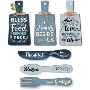 PH PandaHall 6pcs Kitchen Wall Decor Bless Food Sign Set Wall Table Accessories Wooden Pendant Decorations Mini Plaque Fork Spoon Shape Sign Rustic Style Home Dector Blue, 11x5.5 inch/11.8x2 inch