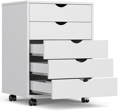 OLIXIS 5 Drawer Mobile File Cabinet Under Desk Storage Organization with Wheels Vertical Filing Chest Rolling Wood Small Desk Printer Stand for Home Office, 15.75"D x 18.74"W x 25.39"H, White