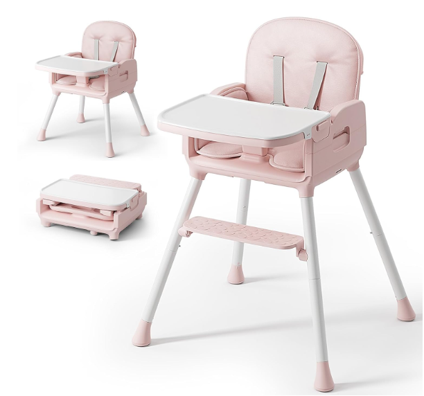 Obee Odee 3in1 Portable Baby High Chair for Babies and Toddlers, Convertible Easy Clean Infant Foldable Highchair with Adjustable Legs & Dishwasher Safe Tray, Pink