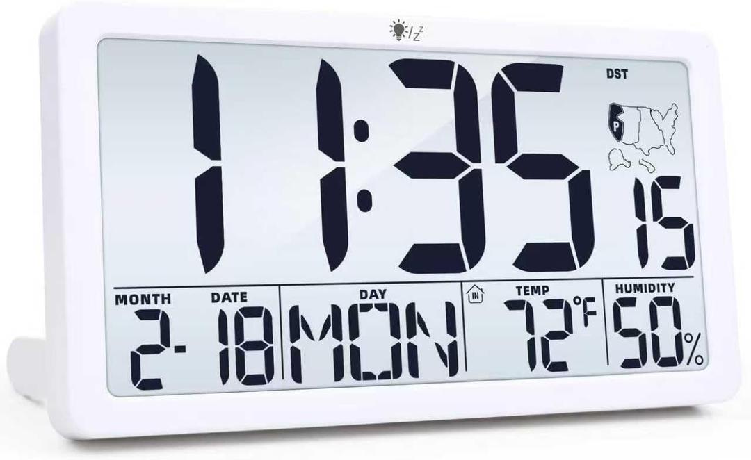 Digital Wall Clock with Backlight Temperature and Humidity Display, Large LCD Screen, Month Date Day