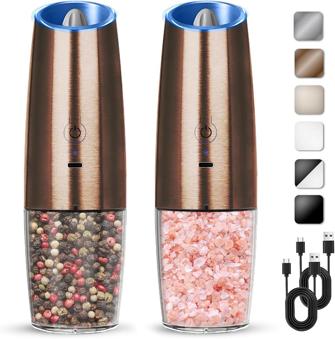 Rechargeable Electric Salt And Pepper Grinder Set, Automatic Gravity Electric Salt And Pepper Grinder Set, Adjustable Roughness, Led Light, 2 Pack, (Copper)