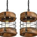Retro Industrial Metal and Wood Farmhouse Chandeliers, 1-Light Round Cage Pendant Light Fixtures for Farmhouse Kitchen Island Foyer Hallway Bar Dining Room Restaurant, Brown, 2 Pack