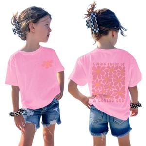 Fkatuzi Kids Christian Jesus Shirts for Girls Cute God Flower T Shirts Faith Religious Bible Verse Graphic Tees Cotton Tops(Pink,130)