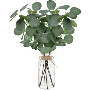 Artificial Eucalyptus Stems in Glass Vase 14" 6Pcs Faux Eucalyptus Branches Home Table Decor Fake Greenery Plants Stems for Farmhouse Wedding Centerpiece Bathroom Decorations