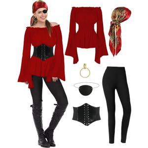 CICOCI Pirate Costume For Women With Accessories Renaissance Blouse Top Belt Headscarf Full Outfits (Large, Red)