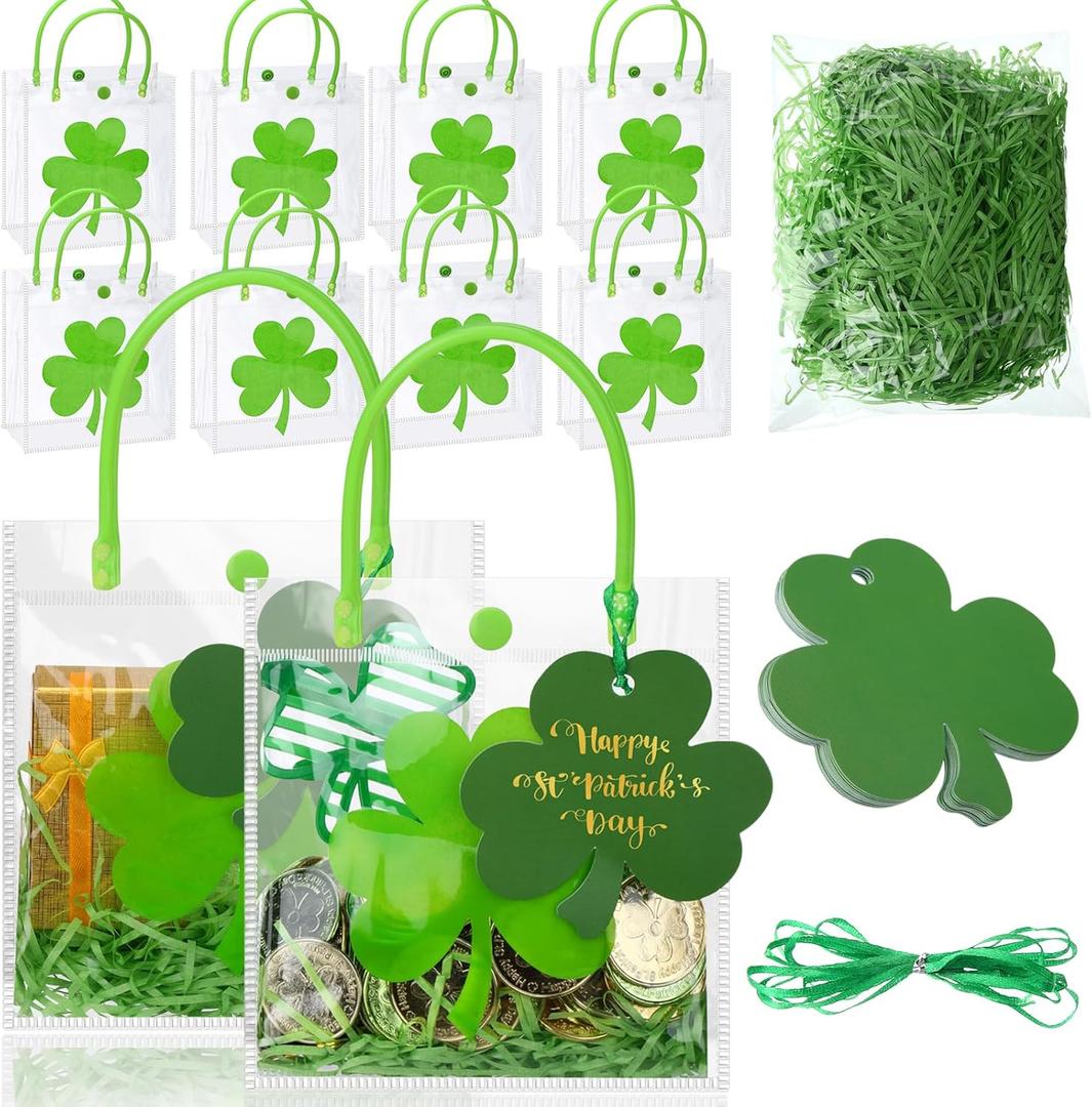 Bulyoou 50 Pcs St. Patrick's Day Clear Gift Bag with Raffia Lucky Clover Tag PVC Plastic Shamrock Party Favors Goodie Bag with Handle Clover Irish Gift Wrap Set for Party Supplies