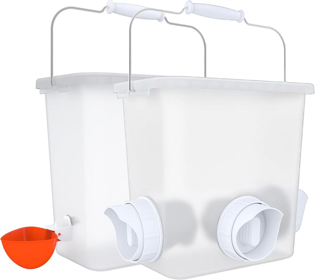 Automatic Chicken Feeder and Waterer Set Chicken Feed Bucket with 3 Feeders Ports Poultry Waterer Water Cups (2.6 Gal and 16 LB, Frosted)