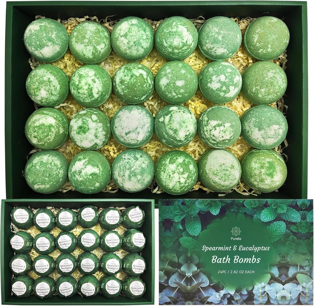 Purelis Handmade 24Pack Spearmint & Eucalyptus Bath Bombs  Natural Moisturizing Aromatherapy Bath Bombs for Men and Women