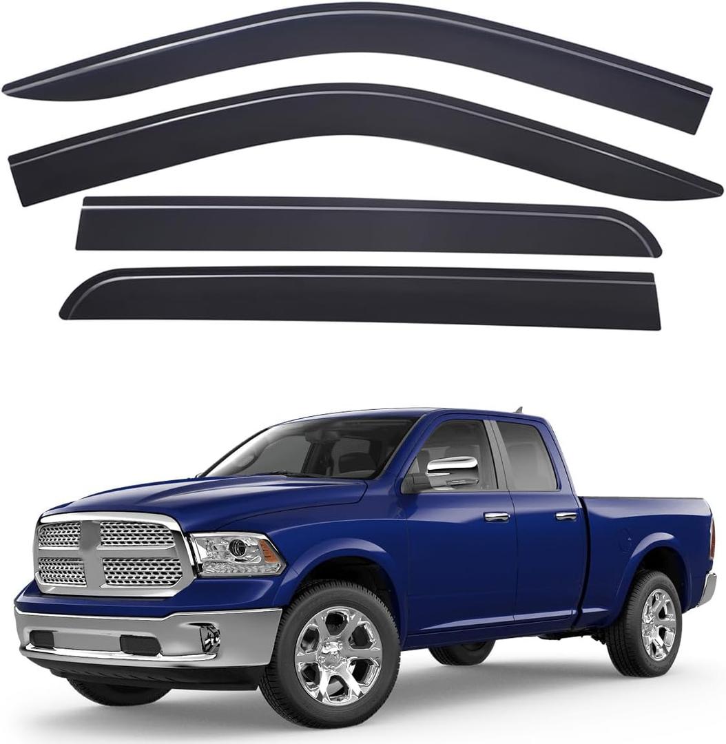 Lightronic Outside-Mount Low-Profile Auto Vent Window Visors, Fits 2009-2018 Dodge Ram 1500 Crew Cab, 2010-2025 Ram 2500 & 3500 Crew Cab/Mega Cab, 2019-2024 Ram 1500 Classic Crew Cab, Smoke, 4-Pcs