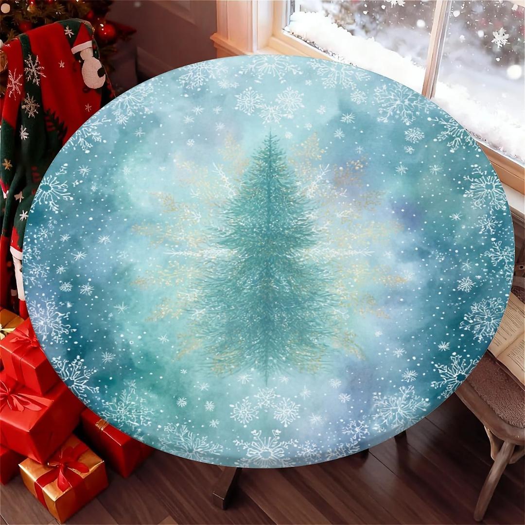 Round Fitted Tablecloth with Elastic Edge Design Table Cover Waterproof Stain-Resistant Wipeable Table Cloth Best for 31"-35" Round Tables Christmas Tree