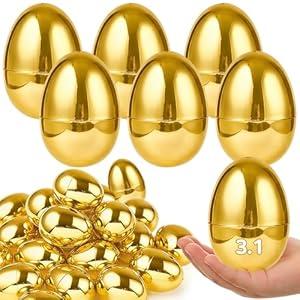 24 Pcs 3.1" Large Golden Plastic Easter Eggs Empty Fillable Easter Basket Stuffers Perfect for Surprise Egg Hunt Game Shiny Metallic Gold Egg Shells for Filling Treats Filler Kids Party Favor Prize