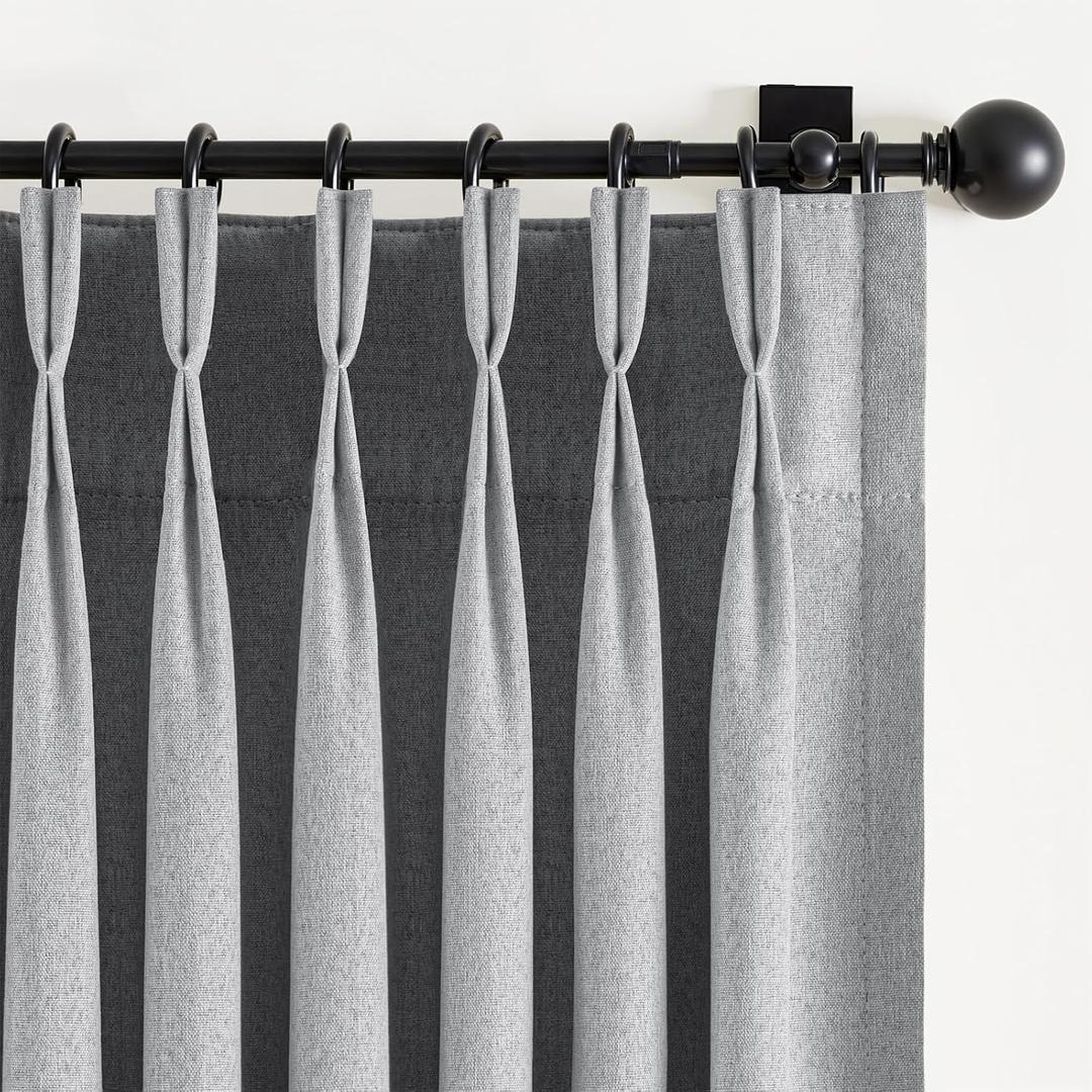 Pinch Pleated Full Blackout Curtains for Bedroom & Living Room, Linen Textured Thermal Insulated Blackout Window Curtains & Drapes 95 Inches Long, 2 Panels Set(40" W x 95" L, Grey)