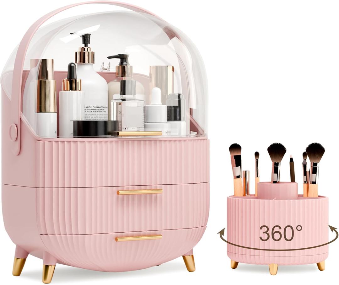 lurcns Makeup Organizers and Storage Make up Organizer for Vanity Cosmetics Skincare With Lid and Drawers Display Cases for Countertop Bathroom Women Teenager Girl Gifts(Pink+Brush Holder)