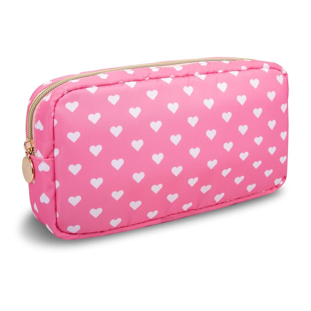 Small Makeup Pouch for PurseNylon Travel Toiletry Storage Cute Preppy Cosmetic Bag for Women GirlsWaterproof Makeup Organizer Pouch Skincare Purse with Zipper (Small-Pink Heart)