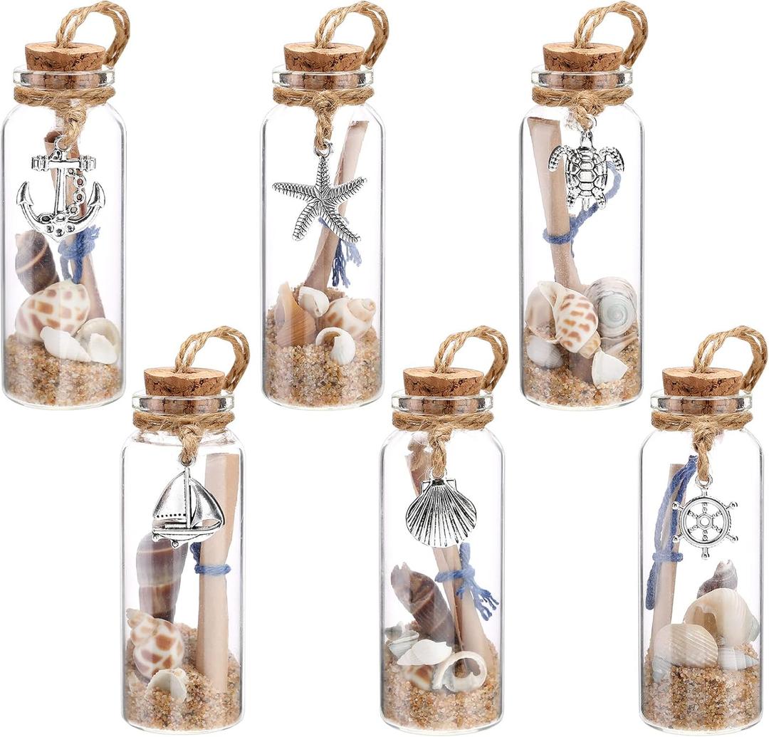 Qunclay 6 Pcs Coastal Summer Beach Ornaments Nautical Glass Message Bottle Christmas Ocean Sand Jar Hanging Ornaments Decorations with Seashell for Home Xmas Tree Wedding Baby Shower Party Favors