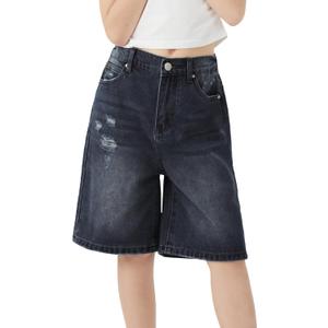 Girls Jeans Shorts Ripped Denim Bermuda Elastic Waist Bottom Trendy Cotton Summer Clothes for Kids, Size: 14-15 Years