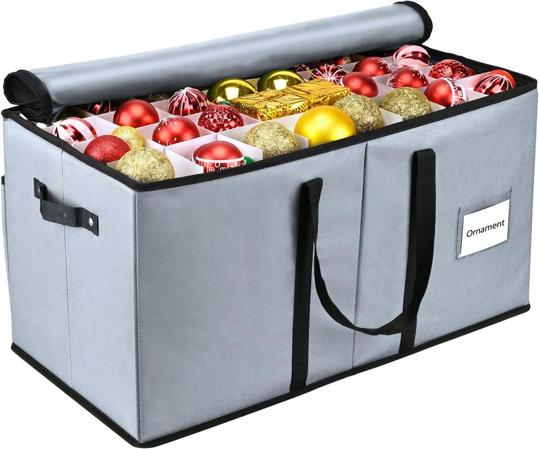 Christmas Ornament Storage Box, Mrrihand Xmas Decoration Organizer with Adjustable Dividers - Storage Container Keeps 128 Holiday Ornaments 3-Inch, Dual Zipper Closure, 600D Tear-Proof Material (Gray)