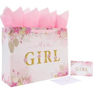 16.5'' Extra Large Baby Girl Gift Bag Set with Handles, Greeting Card, Pink Tissue Papers and Stickers for Girls Kids for Baby Shower, Girls' Birthday Party, Newborn, New Moms, Little One, 1st Baby, Gold Glitter 'GIRL' Design, 1 Pcs