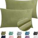 2 Pack Zippered Velvet Standard Pillowcases, Super Soft and Cozy Luxury Fuzzy Flannel Pillow Cases with Zipper, 20x26 Inches, Army Green