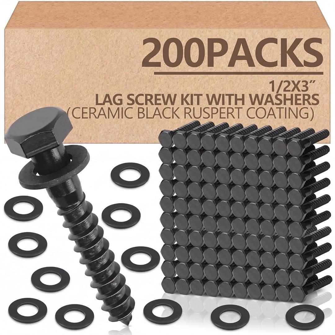 Tandefio 200 Pack 1/2''X 3'' Lag Bolts Screw with Washer Galvanized, Black