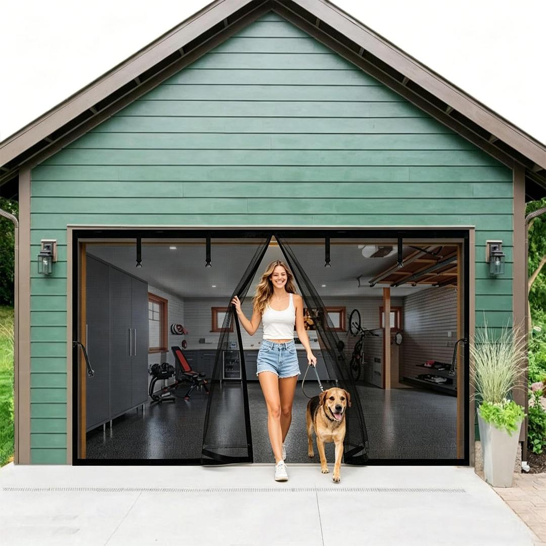 Magnetic Garage Screen Door 17x8ft For 2 3 Car, Retractable Fiberglass Privacy Mesh Curtain, Windproof Weighted Bottom, Easy Install Pets friendly Screen for Garage Carport Patio Porch (Black, 17x8ft)