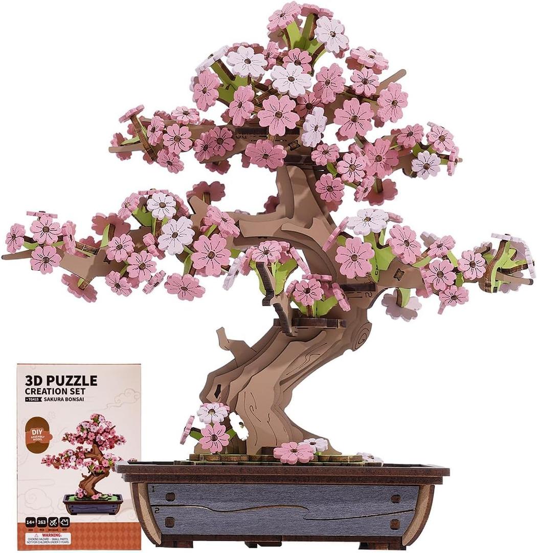 Rowood 3D Puzzles for Adults,Mother's Day DIY Wooden Flower Cherry Blossom Sakura Bonsai Tree Botanical Collection Building Set Craft Kits for Adults,Gift on Christmas Birthday