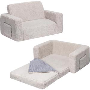 ALIMORDEN Fold Out Toddler Couch, Extra Wide Comfy 2-in-1 Cuddly Sherpa Sofa for Kids, with Removable Baby Friendly Blanket, Convertible Sofa to Bed, Light Grey