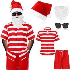 5 Pcs Christmas Hawaiian Shirt Shorts Xmas in July Santa Claus Suits Summer Tropical Beach for Men Women(L)