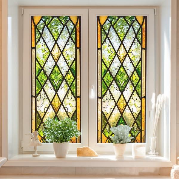 Window Privacy Film, Stained Glass Rainbow Decorative Window Cling for Glass Door, Static Cling Non Adhesive Privacy Covering, Sun Blocking UV Film for Home Office (Geometric Glass Floral)