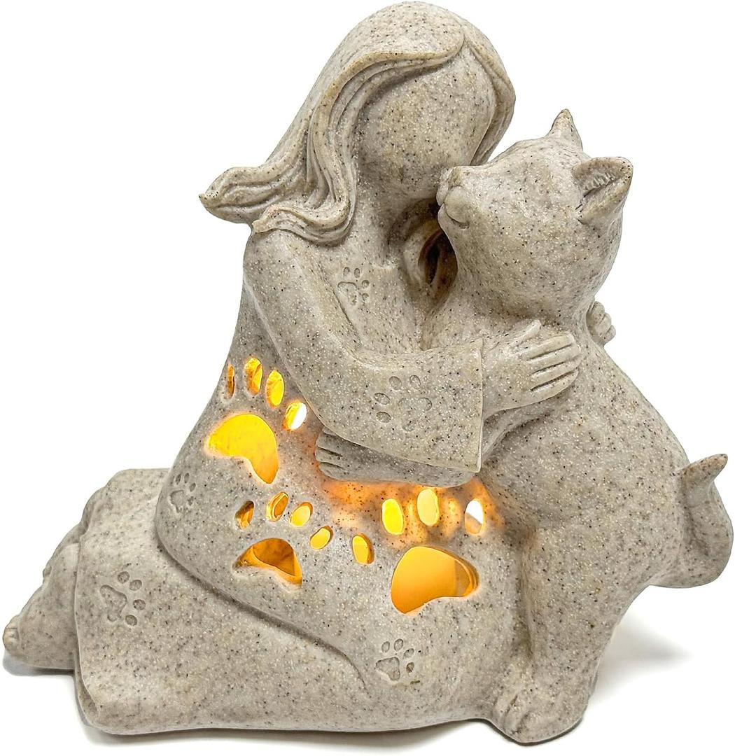 INLOMEM Cat Memorial Gift, Granite Sculpture, Hand-Sculpted Resin Pet Loss Sympathy Gift with LED Candle Holder, Home Decor for Pet Owners, Granite