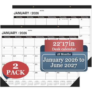 Desk Calendar 2026, Desk Calendar 2026 Large 22 x17(January 2026 - June 2027),2026 Calendar,Classic Black,Large Calendar 2026-2027 with Plastic Cover(2 PACK), 2026-2027-JAN-2PCS