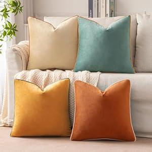 MIULEE Decorative Throw Pillow Covers Soft Velvet Pillow Covers Double-Sided Design Cushion Cases Set of 4 Modern Color-Clash Design Mix and Match Home Decor (18x18 inch, Orange/ Teal)